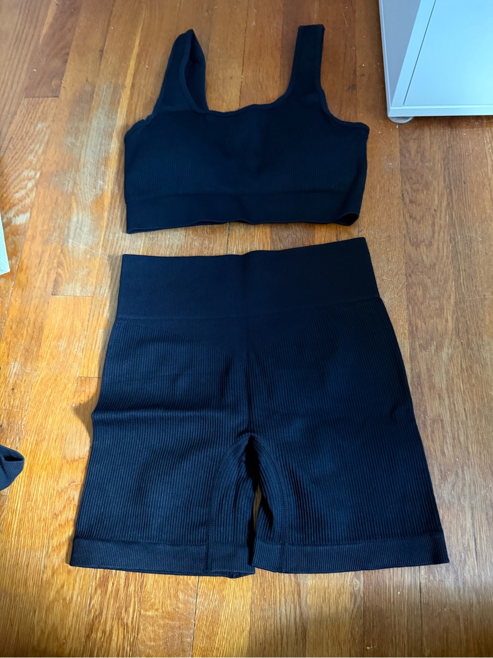 Ribbed High-Waist Bike Shorts and Bra in Black